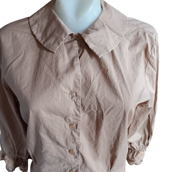 Vintage Women's Medium Blouse 1950's Shipn Shore Beige Button-Up Embroidered MCM - Picture 3 of 6